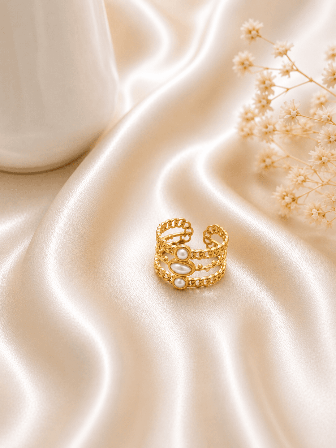 Bague Multi Rangs Perles Doree