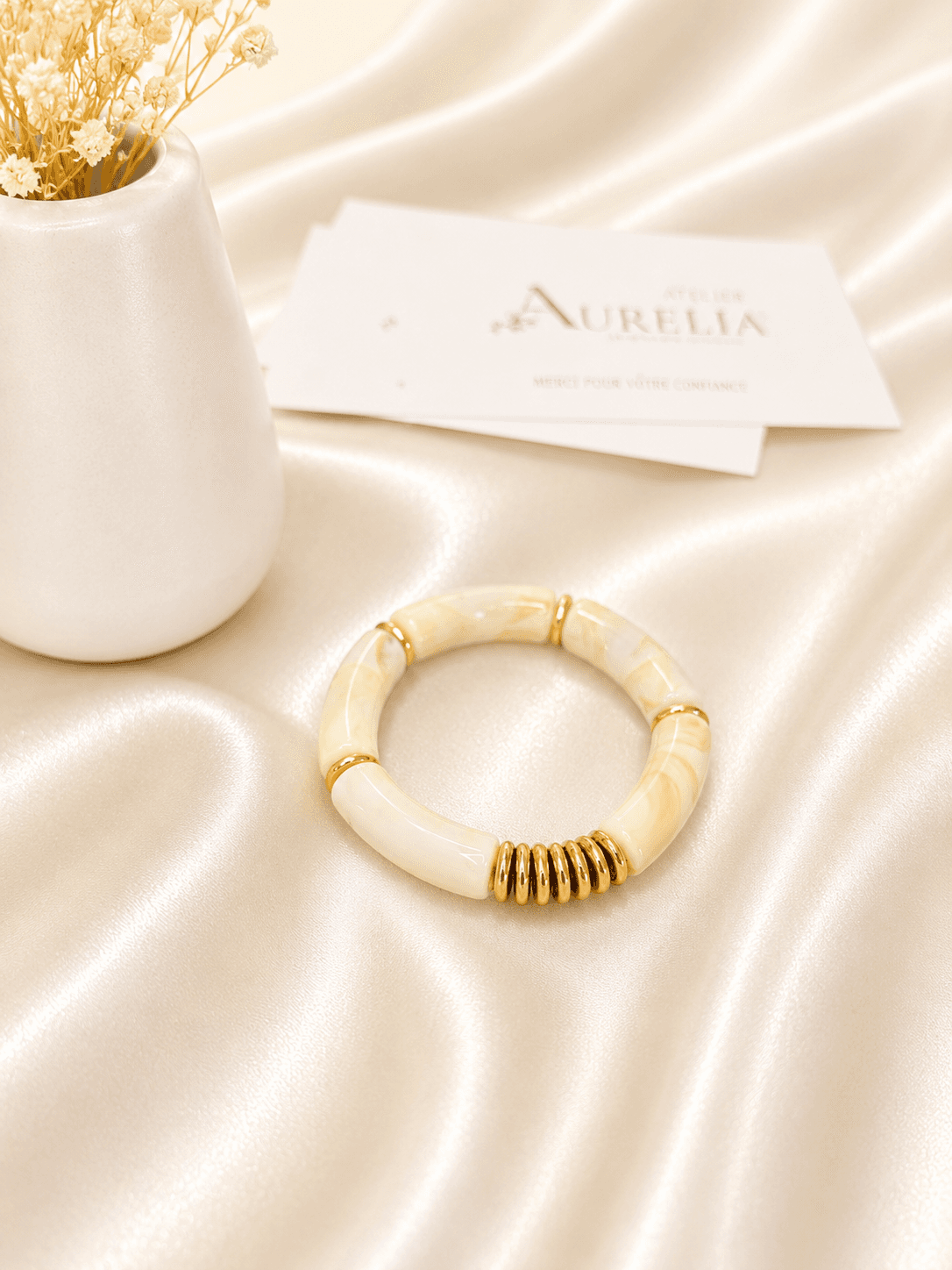 Bracelet Tubes Resine Ivoire Dore