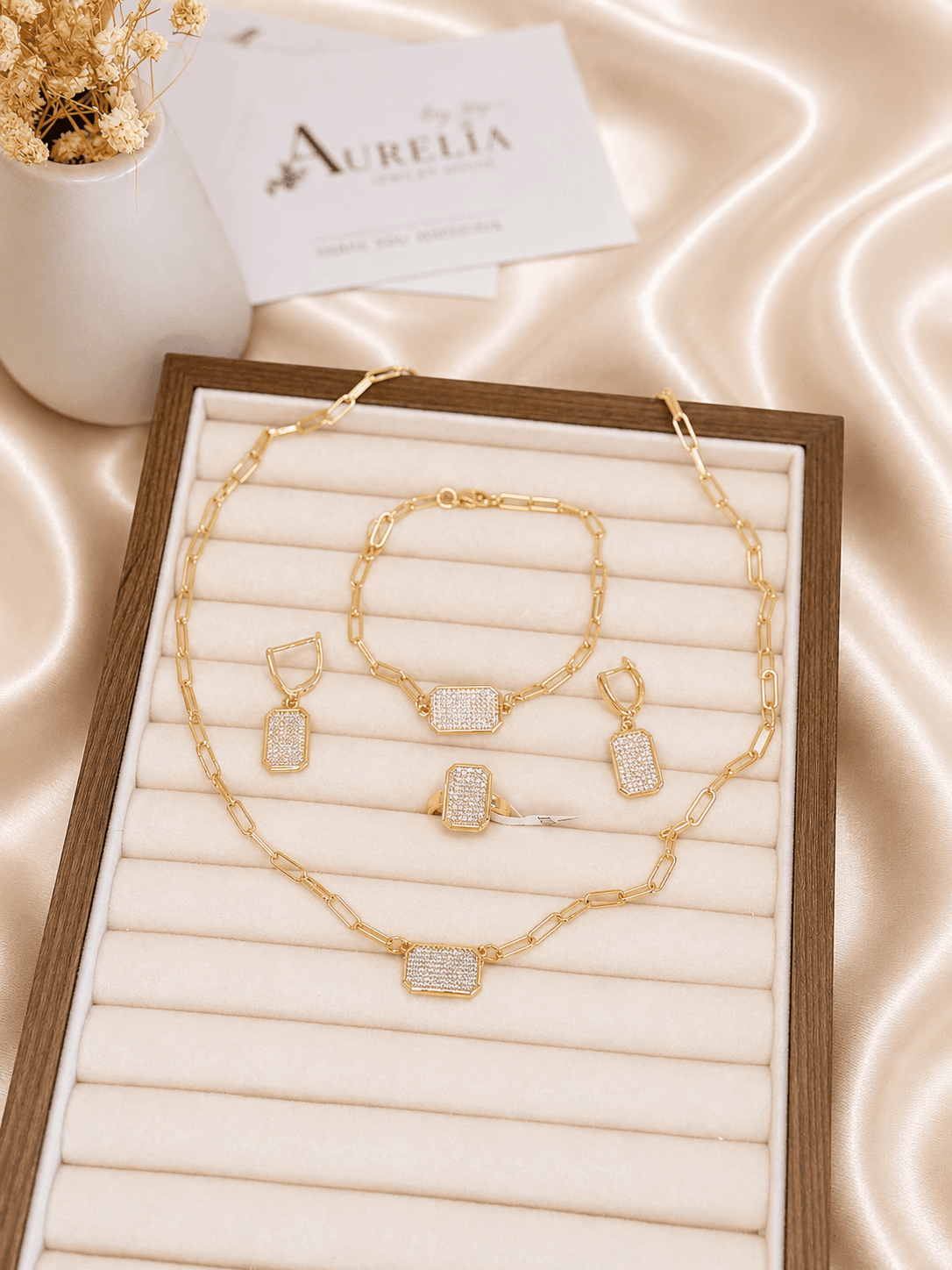 Parure Rectangle Pave Cristal Dore